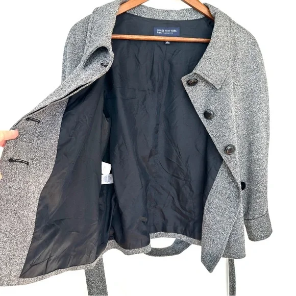 Jones New York Gray Belted Blazer, 3/4 Raglan Sleeves, Wool Blend, Lined, Petite - Picture 11 of 13